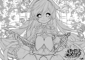 Rating: Safe Score: 0 Tags: 1girl breasts closed_mouth greyscale image long_hair long_sleeves looking_at_viewer monochrome smile solo suiseiseki upper_body wide_sleeves User: admin