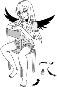 Rating: Safe Score: 0 Tags: angel_wings barefoot bird_wings chair feathered_wings feathers full_body greyscale head_wings image long_hair monochrome shirt shorts sitting solo striped suigintou wings User: admin