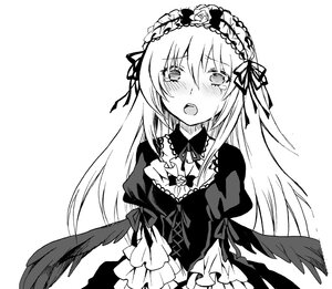 Rating: Safe Score: 0 Tags: 1girl blush dress eyebrows_visible_through_hair feathered_wings frilled_hairband greyscale hairband image lolita_fashion lolita_hairband long_hair long_sleeves looking_at_viewer monochrome open_mouth ribbon simple_background solo suigintou tears upper_body white_background wings User: admin