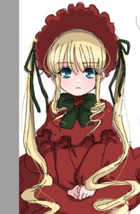 Rating: Safe Score: 0 Tags: 1girl blonde_hair blue_eyes blush bonnet bow bowtie dress green_bow image long_hair long_sleeves looking_at_viewer red_dress shinku sidelocks simple_background sitting solo twintails v_arms very_long_hair white_background User: admin