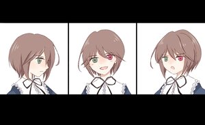 Rating: Safe Score: 0 Tags: 1girl :d blue_dress blush brown_hair dress green_eyes heterochromia image letterboxed long_sleeves looking_at_viewer multiple_views open_mouth red_eyes ribbon short_hair smile solo souseiseki white_background User: admin