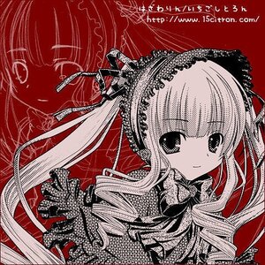 Rating: Safe Score: 0 Tags: 1girl auto_tagged bow hairband image long_hair looking_at_viewer monochrome red_theme ribbon shinku smile solo User: admin