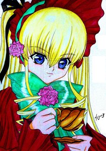 Rating: Safe Score: 0 Tags: 1girl bangs blonde_hair blue_eyes flower holding image long_hair long_sleeves looking_at_viewer marker_(medium) pink_rose red_dress rose shinku sidelocks solo traditional_media upper_body User: admin