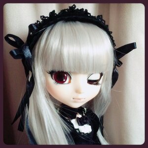 Rating: Safe Score: 0 Tags: 1girl bangs black_bow blunt_bangs border bow closed_mouth doll face gothic_lolita hair_ornament lace lolita_fashion long_hair looking_at_viewer photo portrait red_eyes solo suigintou white_hair User: admin