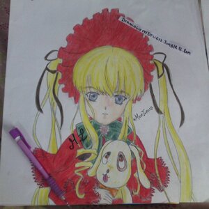 Rating: Safe Score: 0 Tags: 1girl blonde_hair blue_eyes bonnet bow green_bow image long_hair long_sleeves looking_at_viewer marker_(medium) photo red_dress rose shikishi shinku sidelocks simple_background solo traditional_media twintails upper_body User: admin