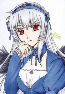 Rating: Safe Score: 0 Tags: 1girl black_wings dress flower frills hairband image juliet_sleeves long_hair long_sleeves looking_at_viewer puffy_sleeves red_eyes ribbon rose silver_hair simple_background solo suigintou traditional_media upper_body white_background wings User: admin