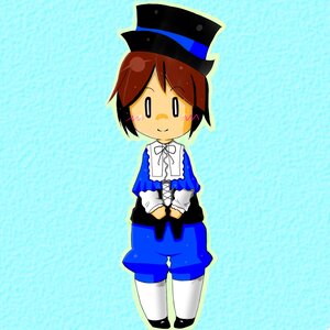 Rating: Safe Score: 0 Tags: 1girl blue_background blush_stickers brown_hair capelet chibi hat image pantyhose short_hair shorts smile solo souseiseki top_hat white_legwear User: admin