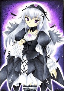 Rating: Safe Score: 0 Tags: 1girl colored_pencil_(medium) dress flower frills hairband image lolita_fashion long_hair long_sleeves looking_at_viewer marker_(medium) puffy_sleeves rose silver_hair solo suigintou traditional_media wings User: admin