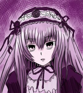 Rating: Safe Score: 0 Tags: 1girl dress frills hair_ribbon hairband image long_hair looking_at_viewer monochrome purple_background purple_theme ribbon rose solo suigintou upper_body User: admin