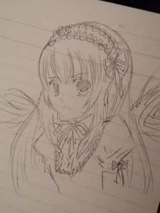Rating: Safe Score: 0 Tags: 1girl akemi_homura graphite_(medium) hair_ribbon hairband image long_hair looking_at_viewer monochrome ribbon simple_background sketch solo suigintou traditional_media upper_body white_background User: admin
