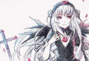 Rating: Safe Score: 0 Tags: 1girl bangs black_dress black_wings dress feathered_wings flower hairband image long_hair long_sleeves looking_at_viewer petals red_eyes rose silver_hair smile solo suigintou traditional_media wings User: admin