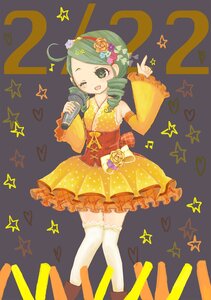 Rating: Safe Score: 0 Tags: 1girl drill_hair flower green_eyes green_hair hair_ornament heart image kanaria microphone one_eye_closed solo star_(symbol) starry_background thighhighs twin_drills User: admin