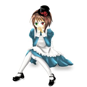 Rating: Safe Score: 0 Tags: 1girl apron black_footwear blue_dress blush brown_hair dress frills full_body green_eyes hat heterochromia image long_sleeves looking_at_viewer pantyhose red_eyes shoes short_hair sitting solo souseiseki top_hat white_background white_legwear User: admin