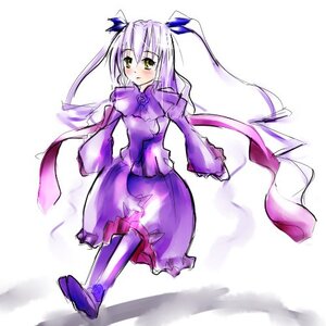 Rating: Safe Score: 0 Tags: 1girl barasuishou blush dress frills full_body image long_hair long_sleeves looking_at_viewer purple_dress solo standing twintails very_long_hair white_background yellow_eyes User: admin