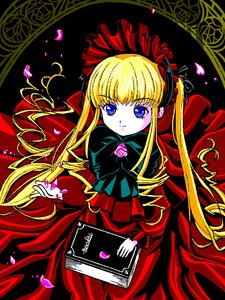 Rating: Safe Score: 0 Tags: 1girl black_background blonde_hair blue_eyes bonnet bow dress flower heart image long_hair long_sleeves looking_at_viewer petals red_dress rose rose_petals shinku smile solo twintails User: admin