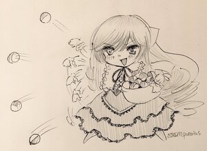 Rating: Safe Score: 0 Tags: 1girl bow food fruit image long_hair monochrome open_mouth smile solo suiseiseki traditional_media User: admin
