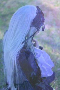 Rating: Safe Score: 0 Tags: 1girl blurry blurry_background depth_of_field dress flower long_hair outdoors solo suigintou very_long_hair User: admin