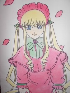 Rating: Safe Score: 0 Tags: 1girl blonde_hair blue_eyes bonnet bow bowtie capelet dress drill_hair flower green_bow image long_hair long_sleeves looking_at_viewer petals pink_flower rose rose_petals shinku sidelocks simple_background solo traditional_media upper_body User: admin