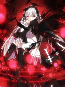 Rating: Safe Score: 0 Tags: 1girl black_legwear boots dress frills hairband image lolita_hairband long_hair long_sleeves looking_at_viewer red_eyes red_sky ribbon rose silver_hair solo suigintou thighhighs very_long_hair weapon wings User: admin