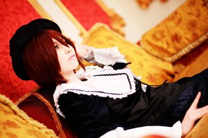 Rating: Safe Score: 0 Tags: 1girl blurry depth_of_field dress hair_over_one_eye hat lips long_sleeves looking_at_viewer red_hair short_hair sitting solo souseiseki User: admin