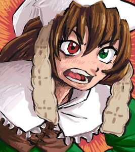Rating: Safe Score: 0 Tags: 1girl animal_ears brown_hair fangs green_eyes image looking_at_viewer open_mouth red_eyes solo suiseiseki User: admin