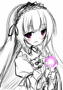 Rating: Safe Score: 0 Tags: 1girl blush dress eyebrows_visible_through_hair hairband image lolita_hairband long_hair long_sleeves looking_at_viewer monochrome ribbon simple_background sketch smile solo suigintou upper_body white_background User: admin