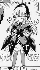 Rating: Safe Score: 0 Tags: 1girl dress frills greyscale hairband image lolita_hairband long_hair long_sleeves monochrome open_mouth smile solo suigintou User: admin