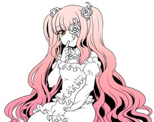 Rating: Safe Score: 0 Tags: 1girl dress eyepatch finger_to_mouth flower frills hair_flower hair_ornament image kirakishou long_hair long_sleeves looking_at_viewer monochrome pink_hair rose sitting smile solo two_side_up very_long_hair wavy_hair white_flower white_rose yellow_eyes User: admin