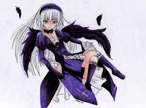 Rating: Safe Score: 0 Tags: 1girl black_wings boots dress feathers frills full_body hairband image juliet_sleeves knee_boots long_hair long_sleeves looking_at_viewer puffy_sleeves simple_background sitting solo suigintou white_background wings User: admin