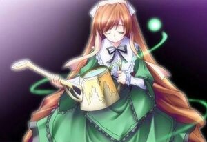 Rating: Safe Score: 0 Tags: 1girl brown_hair closed_eyes dress frills green_dress holding image long_hair long_sleeves ribbon solo suiseiseki very_long_hair User: admin