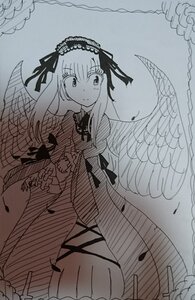 Rating: Safe Score: 0 Tags: 1girl closed_mouth dress feathered_wings feathers flower frills hairband image long_hair long_sleeves looking_at_viewer monochrome ribbon rose smile solo suigintou traditional_media wings User: admin