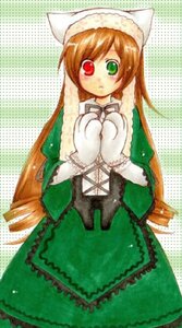 Rating: Safe Score: 0 Tags: 1girl brown_hair dress frills green_background green_dress green_eyes halftone hat head_scarf heterochromia image long_hair long_sleeves looking_at_viewer red_eyes solo suiseiseki very_long_hair User: admin