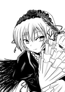 Rating: Safe Score: 0 Tags: 1girl closed_mouth dress feathered_wings greyscale hairband image long_sleeves looking_at_viewer monochrome ribbon solo suigintou upper_body wings User: admin