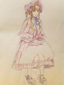 Rating: Safe Score: 0 Tags: 1girl blonde_hair dress flower hat image long_hair long_sleeves shinku sketch solo traditional_media User: admin