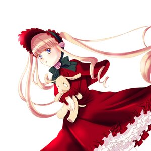 Rating: Safe Score: 0 Tags: 1girl blonde_hair blue_eyes bonnet bow bowtie cowboy_shot dress drill_hair flower holding image long_hair long_sleeves looking_at_viewer red_dress rose shinku simple_background solo twintails white_background User: admin