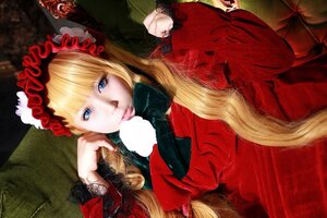 Rating: Safe Score: 0 Tags: 1girl blonde_hair blue_eyes bow dress flower lips long_hair looking_at_viewer red_dress shinku solo User: admin