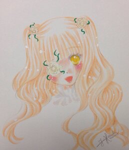 Rating: Safe Score: 0 Tags: 1girl artist_name bangs flower hair_flower hair_ornament image kirakishou leaf long_hair marker_(medium) photo pink_hair rose signature simple_background solo traditional_media watercolor_(medium) white_flower white_rose yellow_eyes User: admin