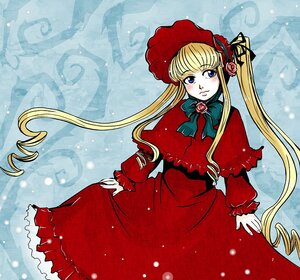 Rating: Safe Score: 0 Tags: 1girl blonde_hair blue_eyes blush bonnet bow bowtie capelet dress drill_hair flower green_bow green_neckwear image long_hair long_sleeves looking_at_viewer pink_rose red_capelet red_dress rose shinku sidelocks solo twintails very_long_hair User: admin