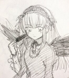 Rating: Safe Score: 0 Tags: 1girl black_wings blush dress feathered_wings feathers frills greyscale hairband image long_hair long_sleeves looking_at_viewer monochrome ribbon simple_background solo suigintou traditional_media upper_body wings User: admin