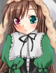 Rating: Safe Score: 0 Tags: 1girl artist_request black_ribbon blush brown_hair close-up closed_mouth cross-laced_clothes dress face frills green_dress green_eyes hat head_scarf heterochromia image long_hair long_sleeves looking_at_viewer puffy_sleeves red_eyes ribbon rozen_maiden simple_background solo suiseiseki upper_body very_long_hair wavy_mouth User: admin