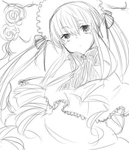 Rating: Safe Score: 0 Tags: 1girl bangs blush closed_mouth dress eyebrows_visible_through_hair flower greyscale hair_between_eyes hair_ribbon hat image long_hair long_sleeves looking_at_viewer monochrome ribbon rose shinku sketch solo User: admin