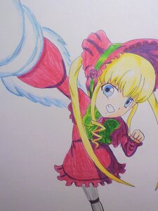 Rating: Safe Score: 0 Tags: 1girl bangs blonde_hair blue_eyes bonnet bow bowtie dress frills full_body green_bow hat image long_hair long_sleeves looking_at_viewer marker_(medium) pantyhose photo red_dress shinku sidelocks simple_background solo standing striped traditional_media twintails User: admin