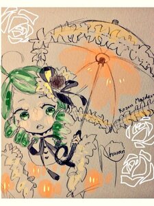 Rating: Safe Score: 0 Tags: 1girl ahoge drill_hair flower green_eyes green_hair hair_ornament image kanaria open_mouth parasol rose short_hair solo traditional_media twin_drills umbrella User: admin
