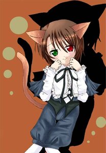 Rating: Safe Score: 0 Tags: 1girl animal_ears auto_tagged blush brown_hair cat_ears cat_tail frills green_eyes heterochromia image kemonomimi_mode long_sleeves looking_at_viewer orange_background pants red_eyes solo souseiseki suiseiseki tail User: admin