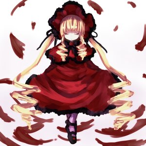 Rating: Safe Score: 0 Tags: 1girl blonde_hair bonnet bow dress flower image long_hair long_sleeves red_dress rose shinku solo twintails User: admin