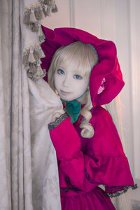Rating: Safe Score: 0 Tags: 1girl blonde_hair blue_eyes bonnet bow curtains dress drill_hair lips long_sleeves looking_at_viewer photo red_dress shinku solo twin_drills User: admin