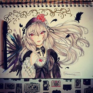 Rating: Safe Score: 0 Tags: 1girl black_dress black_feathers black_wings dress feathered_wings feathers flower frills hairband image long_hair long_sleeves looking_at_viewer red_eyes ribbon solo suigintou traditional_media upper_body wings User: admin