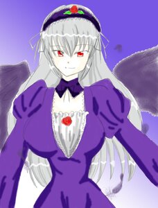 Rating: Safe Score: 0 Tags: 1girl black_wings detached_collar dress feathered_wings feathers flower frills hairband image juliet_sleeves long_hair long_sleeves looking_at_viewer puffy_sleeves purple_background red_eyes rose silver_hair smile solo suigintou upper_body wings User: admin