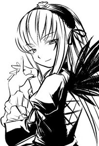 Rating: Safe Score: 0 Tags: 1girl closed_mouth dress frilled_sleeves frills greyscale hairband image lolita_hairband long_hair long_sleeves looking_at_viewer monochrome simple_background smile solo suigintou upper_body white_background wings User: admin