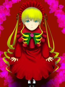 Rating: Safe Score: 0 Tags: 1girl blonde_hair blue_eyes bonnet bow bowtie dress flower full_body green_bow green_neckwear image long_hair long_sleeves looking_at_viewer pantyhose red_dress shinku shoes sitting solo white_legwear User: admin